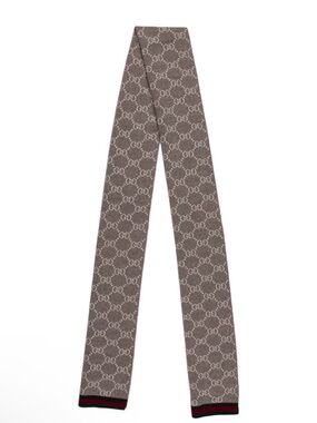 Gucci Monogram Wool Skinny Scarf in Gray with Red/Green Trim